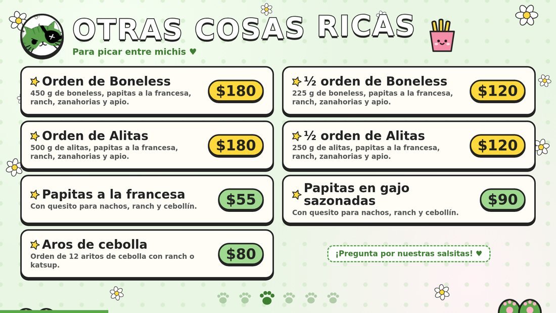 Green Cat · Menú animado — Botanas