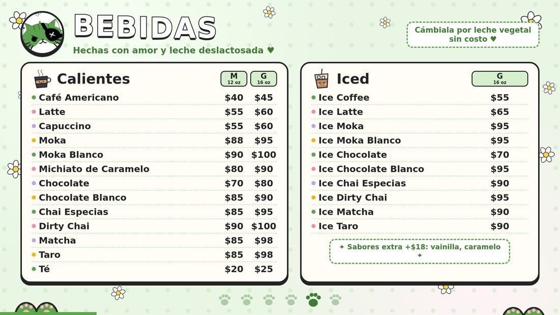 Green Cat · Menú animado — Bebidas